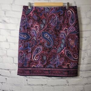 Talbots Petites Paisley Pencil Skirt Burgundy Navy Purple 12P Work Career Chic